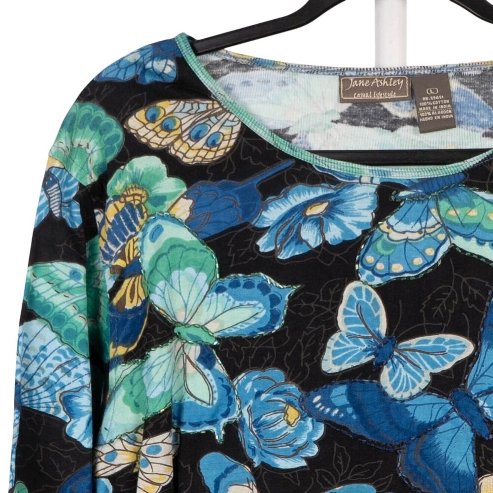 Butterfly VTG Beaded Shirt L Hippie Long Sleeve Cotton Blue Black Yellow Fairy - Picture 2 of 6